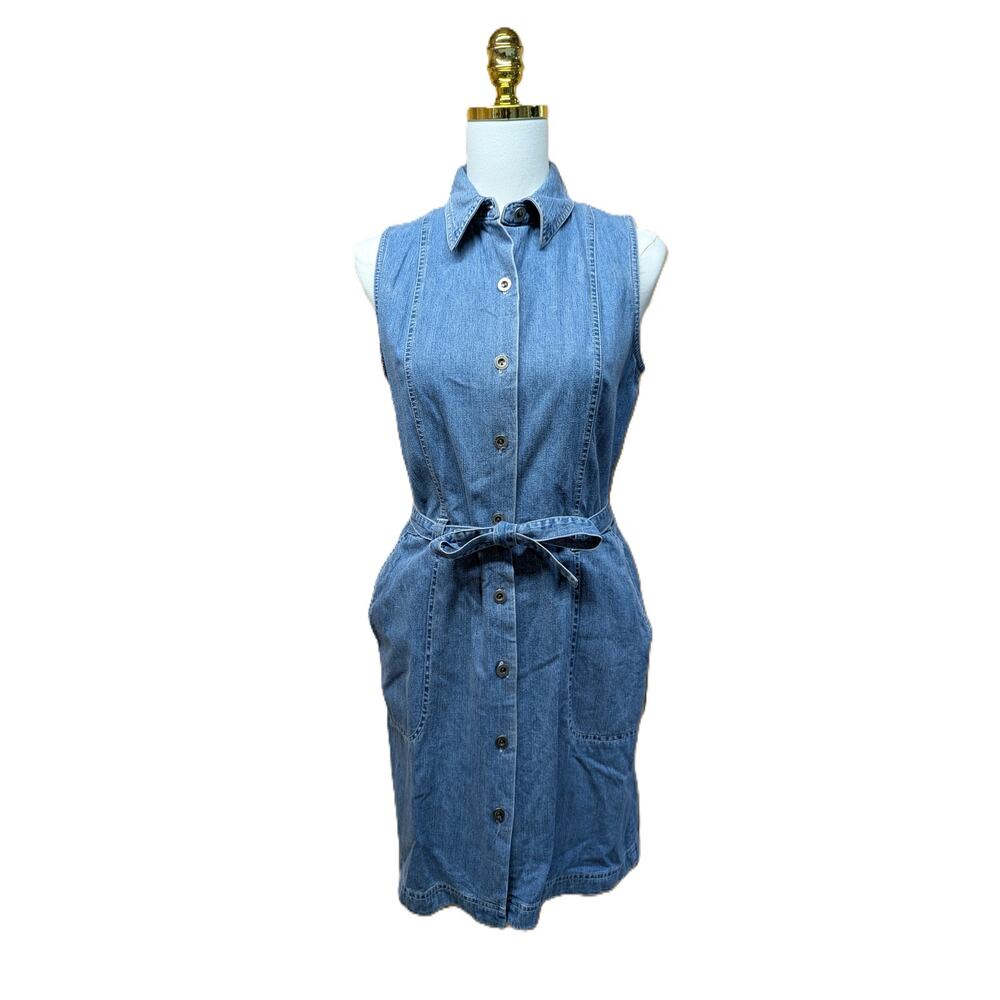 VTG 90s Loft Collared Button up Belted Denim Dress Womens Sz 6